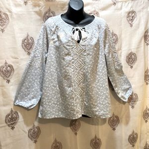 JOIE BLUE/WHITE LINEN/COTTON FLORAL TUNIC EMBROIDERED TIE NECK W/TASSLES SZ M